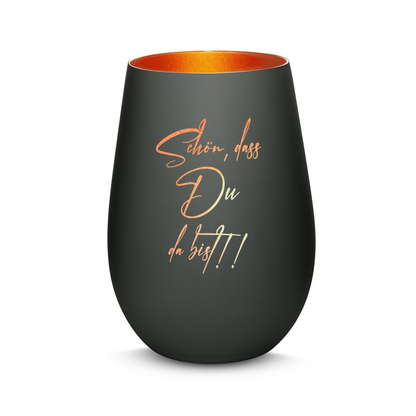 Hochwertiges Glas Windlicht mit Gravur "SCHÖN, DASS DU DA BIST" in der Farbe Schwarz/Bronze