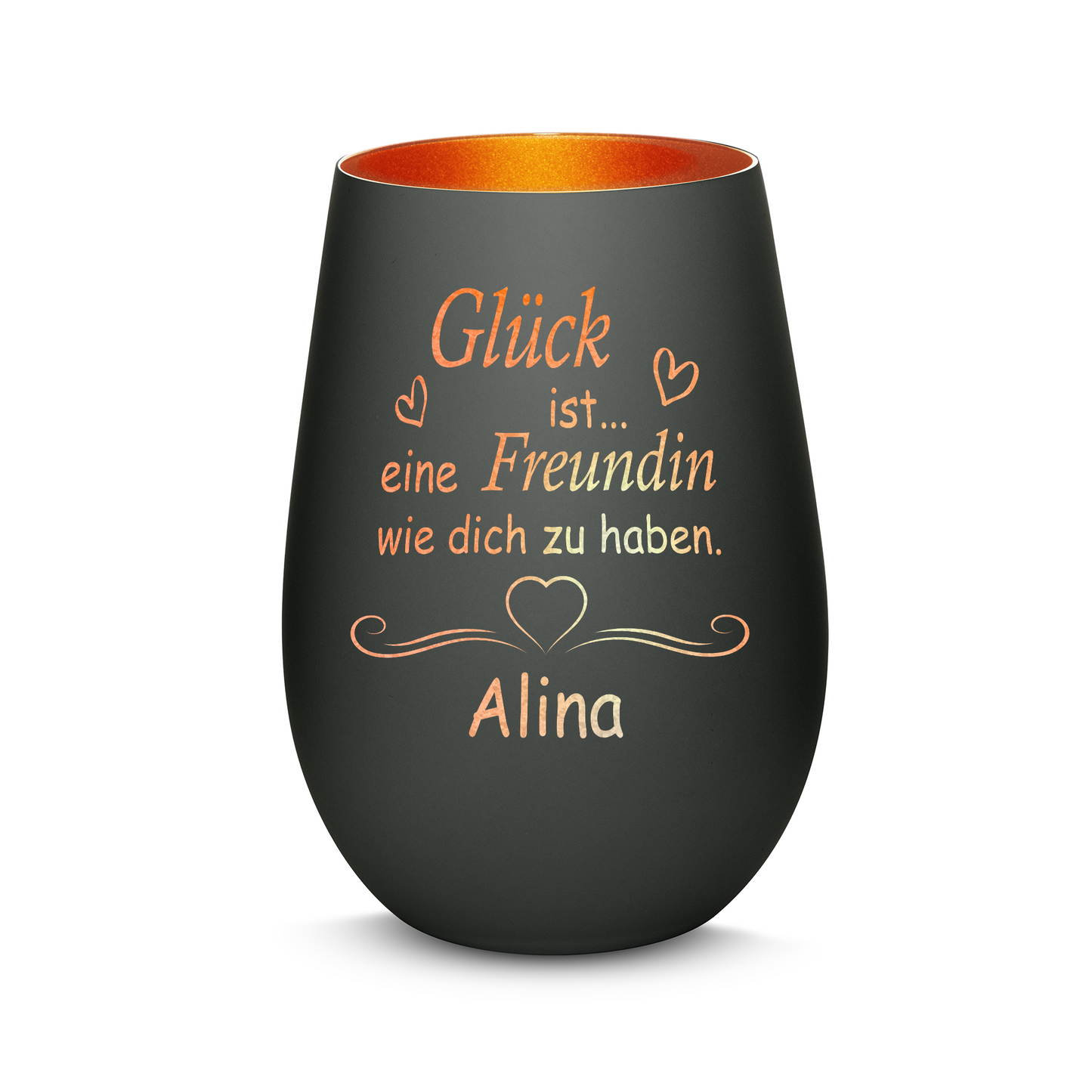 Hochwertiges Glas Windlicht mit Gravur "GLÜCK IST EINE FREUNDIN WIE DICH ZU HABEN" mit Wunschname in der Farbe Schwarz/Bronze