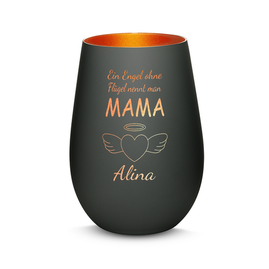 Hochwertiges Glas Windlicht mit Gravur "EIN ENGEL OHNE FLÜGEL NENNT MAN MAMA" mit Wunschname in der Farbe Schwarz/Bronze