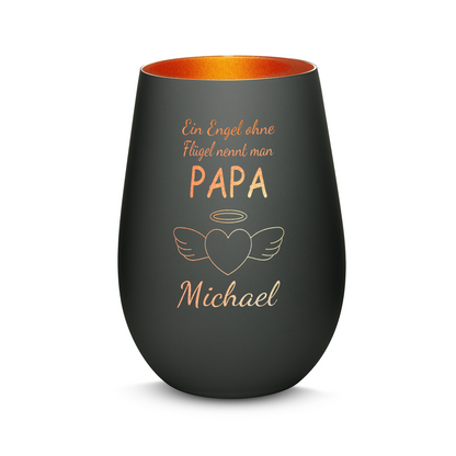 Hochwertiges Glas Windlicht mit Gravur "EIN ENGEL OHNE FLÜGEL NENNT MAN PAPA" mit Wunschname in der Farbe Schwarz/Bronze