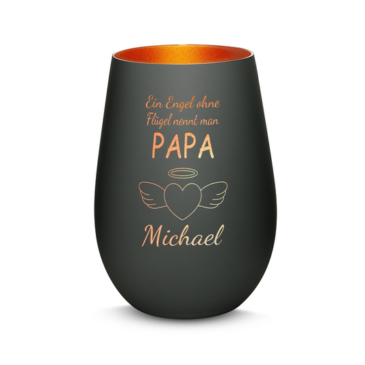 Hochwertiges Glas Windlicht mit Gravur "EIN ENGEL OHNE FLÜGEL NENNT MAN PAPA" mit Wunschname in der Farbe Schwarz/Bronze