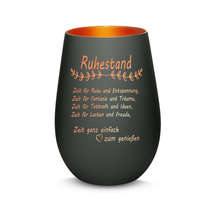 Hochwertiges Glas Windlicht mit Gravur "ALLES GUTE ZUM RUHESTAND" in der Farbe Schwarz/Bronze