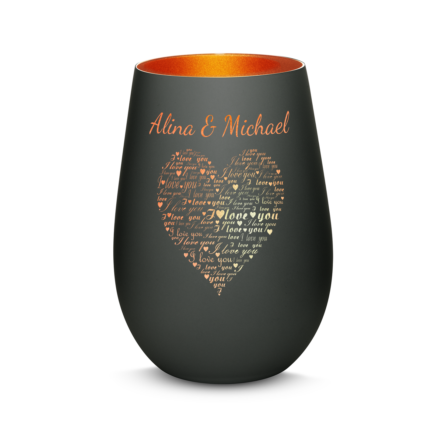 Hochwertiges Glas Windlicht mit Gravur "I LOVE YOU" mit Wunschnamen in der Farbe Schwarz/Bronze