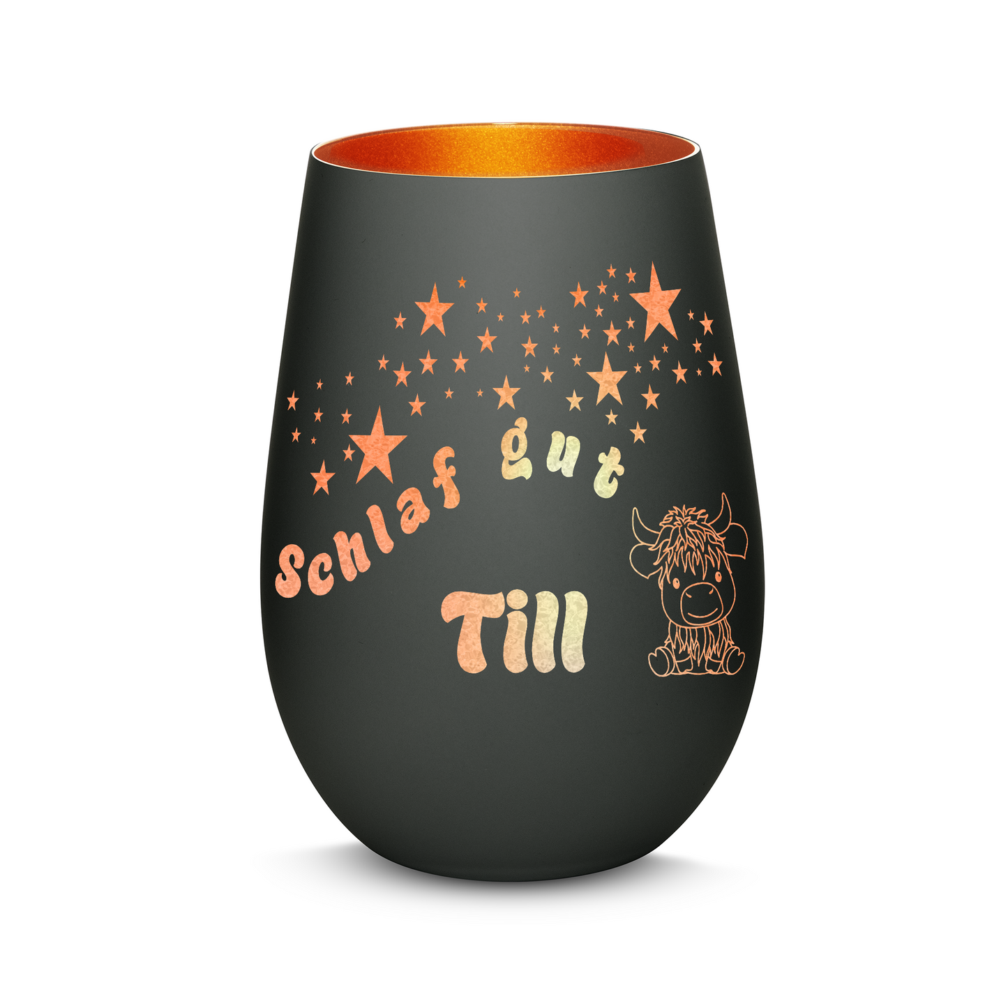 Hochwertiges Glas Windlicht für Kinder mit Gravur "SCHLAF GUT" Motiv Bison mit Wunschname in der Farbe Schwarz/Bronze