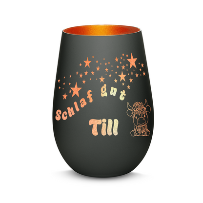 Hochwertiges Glas Windlicht für Kinder mit Gravur "SCHLAF GUT" Motiv Bison mit Wunschname in der Farbe Schwarz/Bronze