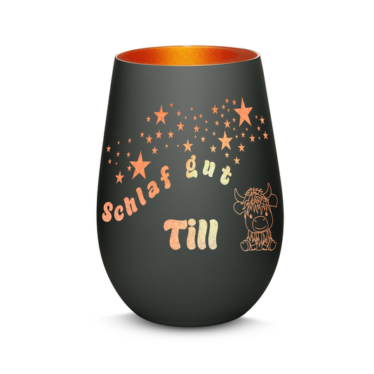 Hochwertiges Glas Windlicht für Kinder mit Gravur "SCHLAF GUT" Motiv Bison mit Wunschname in der Farbe Schwarz/Bronze