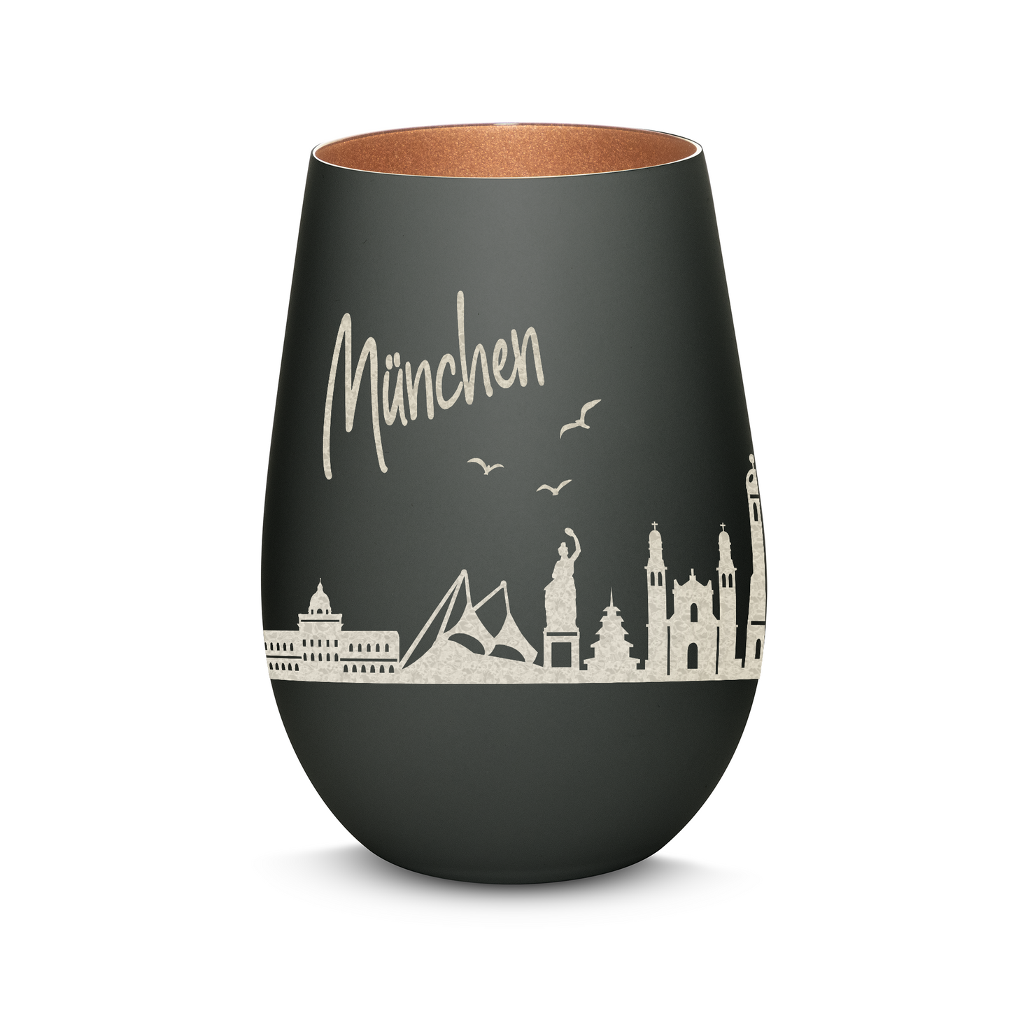 Hochwertiges Glas Windlicht mit Gravur "SKYLINE MÜNCHEN" in der Farbe Schwarz/Bronze