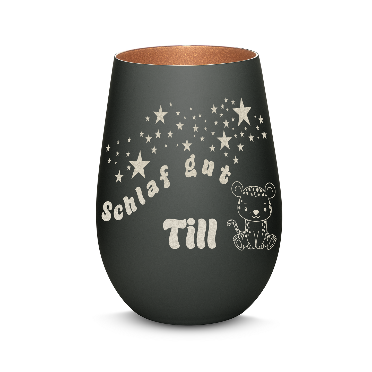 Hochwertiges Glas Windlicht für Kinder mit Gravur "SCHLAF GUT" Motiv Leopard mit Wunschname in der Farbe Schwarz/Bronze