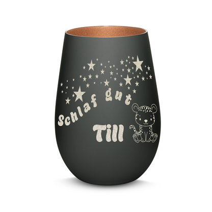Hochwertiges Glas Windlicht für Kinder mit Gravur "SCHLAF GUT" Motiv Leopard mit Wunschname in der Farbe Schwarz/Bronze