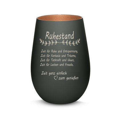 Hochwertiges Glas Windlicht mit Gravur "ALLES GUTE ZUM RUHESTAND" in der Farbe Schwarz/Bronze