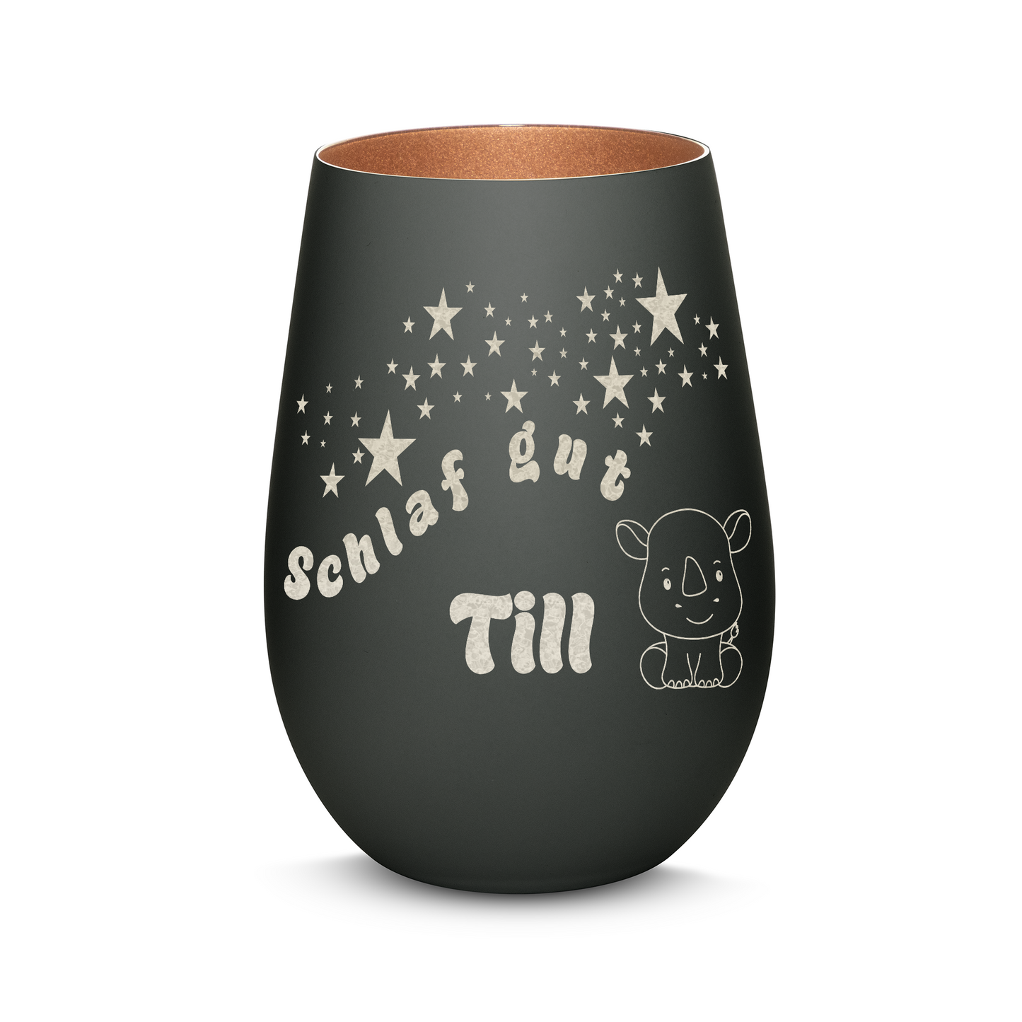 Hochwertiges Glas Windlicht für Kinder mit Gravur "SCHLAF GUT" Motiv Nashorn mit Wunschname in der Farbe Schwarz/Bronze