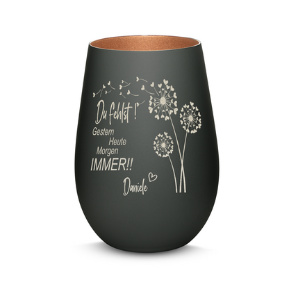 Hochwertiges Glas Windlicht mit Gravur als Trauerlicht "DU FEHLST! GESTERN HEUTE MORGEN IMMER" mit Wunschname in der Farbe Schwarz/Bronze