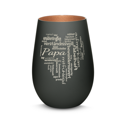 Hochwertiges Glas Windlicht mit Gravur "PAPA GROßES HERZ" in der Farbe Schwarz/Bronze
