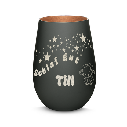 Hochwertiges Glas Windlicht für Kinder mit Gravur "SCHLAF GUT" Motiv Affe mit Wunschname in der Farbe Schwarz/Bronze