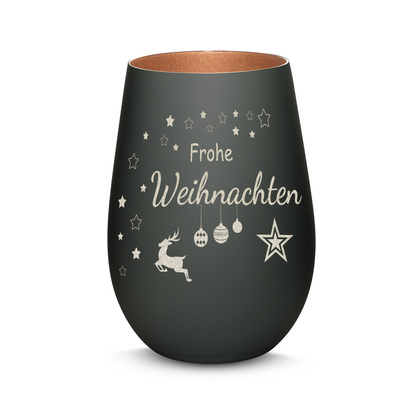 Hochwertiges Glas Windlicht mit Gravur "FROHE WEIHNACHTEN" in der Farbe Schwarz/Bronze