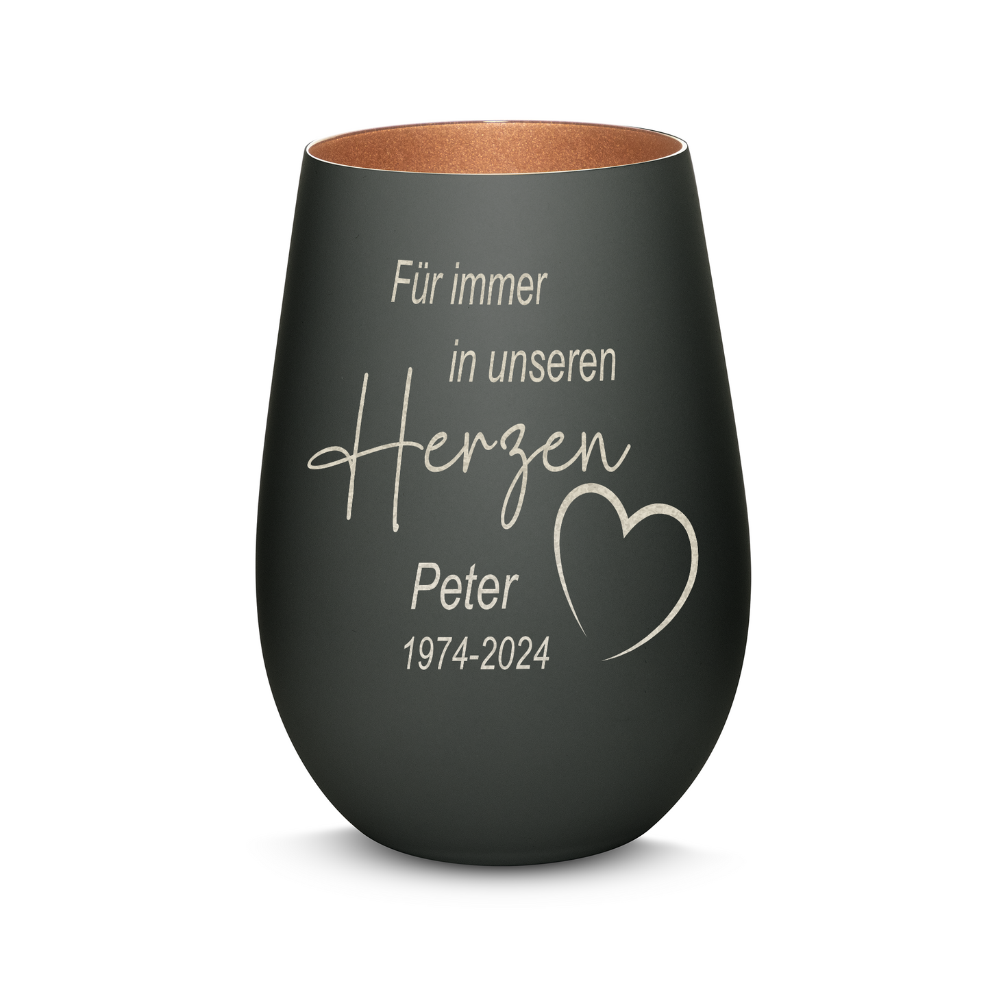 Hochwertiges Glas Windlicht mit Gravur als Trauerlicht "FÜR IMMER IN UNSEREN HERZEN" mit Wunschname in der Farbe Schwarz/Bronze
