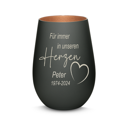 Hochwertiges Glas Windlicht mit Gravur als Trauerlicht "FÜR IMMER IN UNSEREN HERZEN" mit Wunschname in der Farbe Schwarz/Bronze