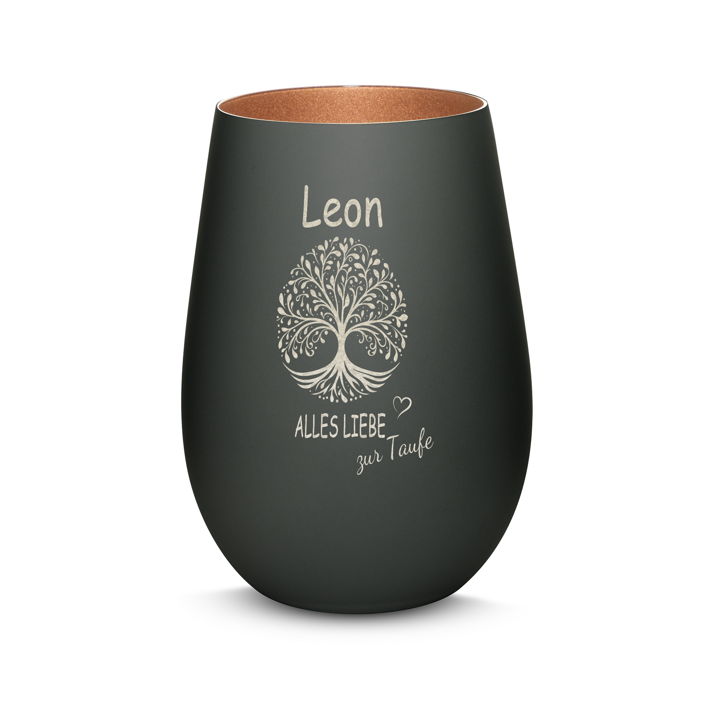 Hochwertiges Glas Windlicht mit Gravur "ALLES LIEBE ZUR TAUFE" mit Wunschname in der Farbe Schwarz/Bronze