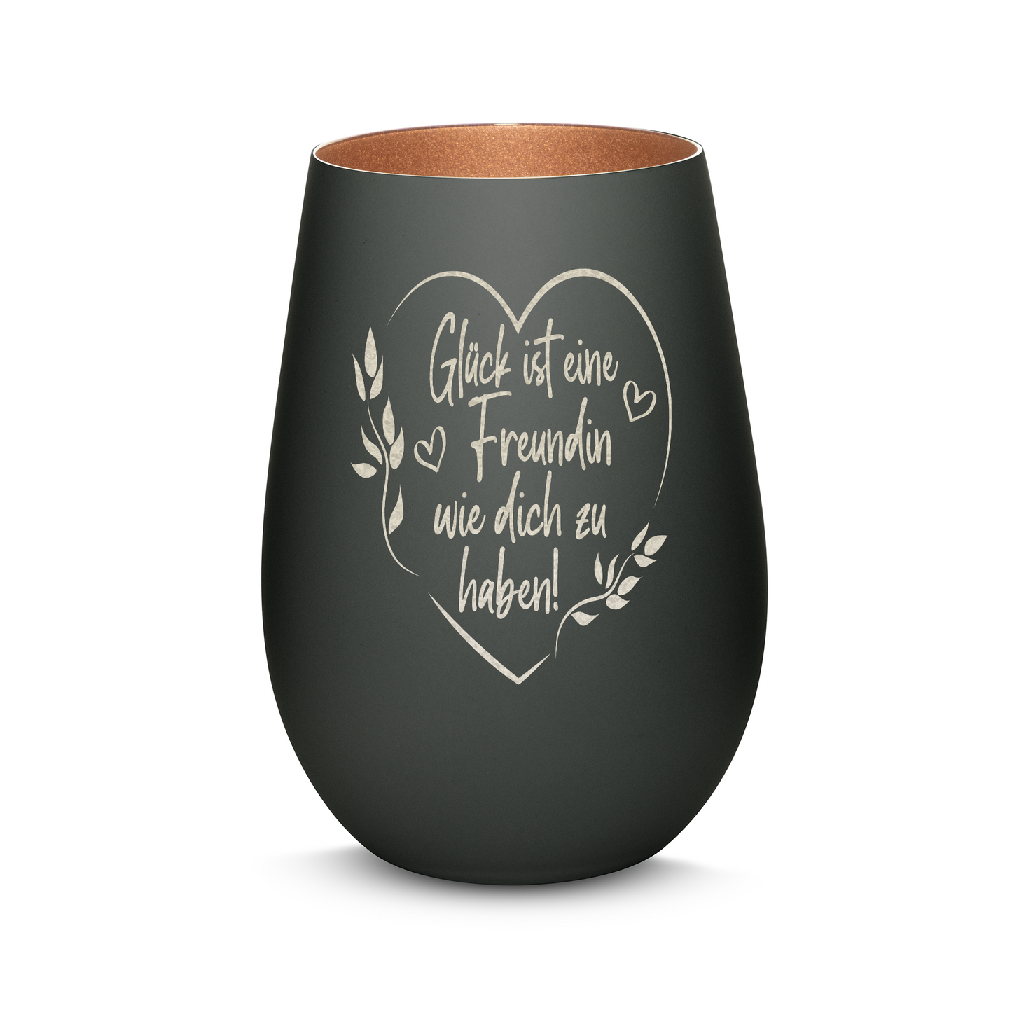 Hochwertiges Glas Windlicht mit Gravur "GLÜCK IST EINE FREUNDIN MIT HERZ" in der Farbe Schwarz/Bronze