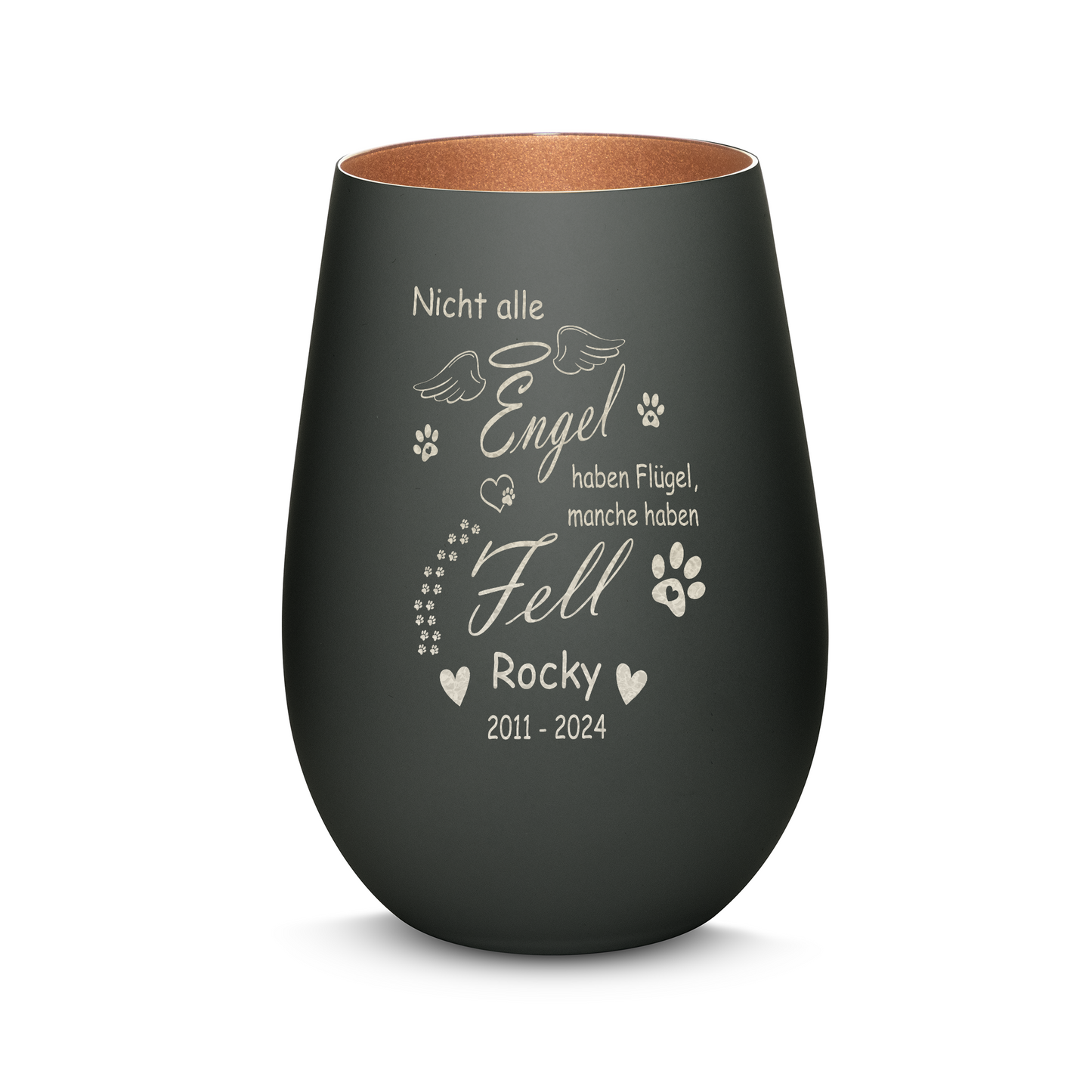 Hochwertiges Glas Windlicht als Trauerlicht für deinen Hund oder Katze "NICHT ALLE ENGEL HABEN FLÜGEL MANCHE HABEN FELL" mit Wunschname in der Farbe Schwarz/Bronze
