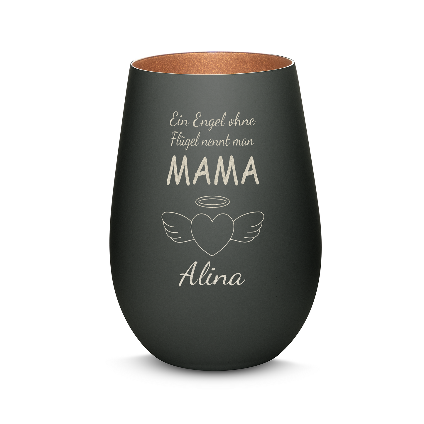 Hochwertiges Glas Windlicht mit Gravur "EIN ENGEL OHNE FLÜGEL NENNT MAN MAMA" mit Wunschname in der Farbe Schwarz/Bronze