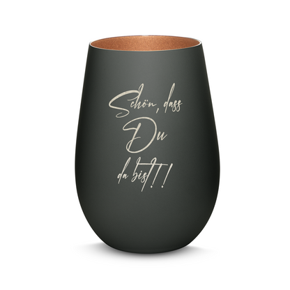 Hochwertiges Glas Windlicht mit Gravur "SCHÖN, DASS DU DA BIST" in der Farbe Schwarz/Bronze