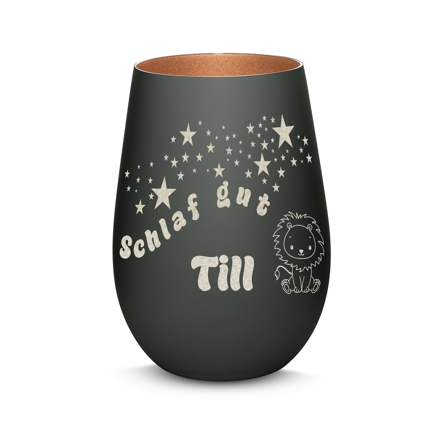 Hochwertiges Glas Windlicht für Kinder mit Gravur "SCHLAF GUT" Motiv Löwe mit Wunschname in der Farbe Schwarz/Bronze