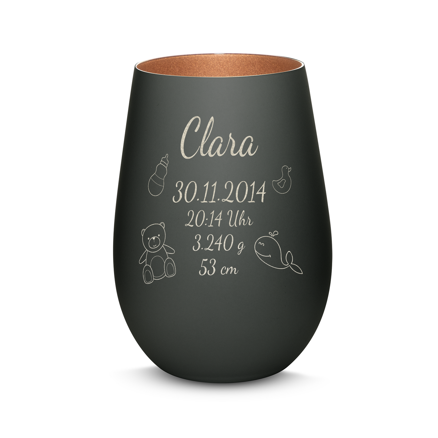 Hochwertiges Glas Windlicht mit Gravur "ZUR GEBURT" mit Wunschname und Datum in der Farbe Schwarz/Bronze