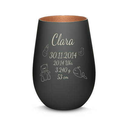 Hochwertiges Glas Windlicht mit Gravur "ZUR GEBURT" mit Wunschname und Datum in der Farbe Schwarz/Bronze
