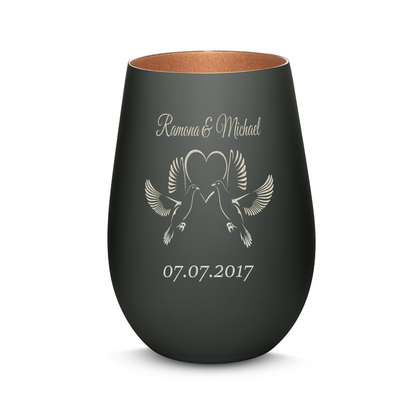 Hochwertiges Glas Windlicht mit Gravur "LIEBESGLAS TAUBEN" mit Wunschnamen und Datum in der Farbe Schwarz/Bronze