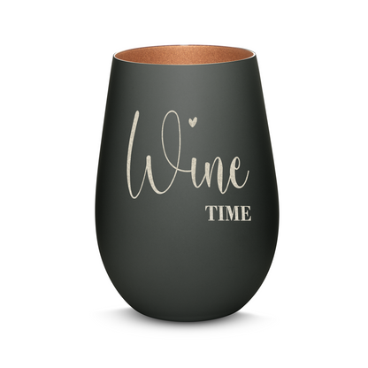 Hochwertiges Glas Windlicht mit Gravur "WINE TIME" in der Farbe Schwarz/Bronze