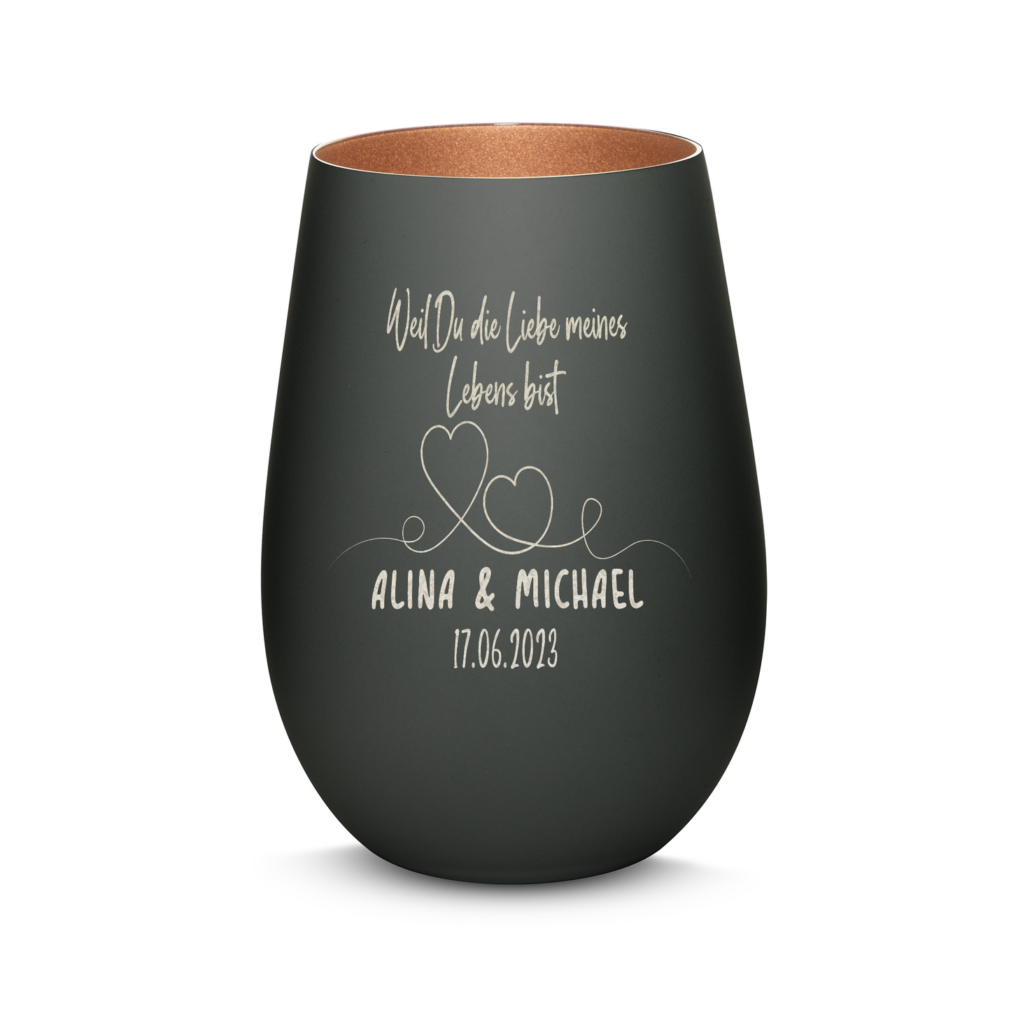 Hochwertiges Glas Windlicht mit Gravur "WEIL DU DIE LIEBE MEINES LEBENS BIST" mit Wunschnamen und Datum in der Farbe Schwarz/Bronze