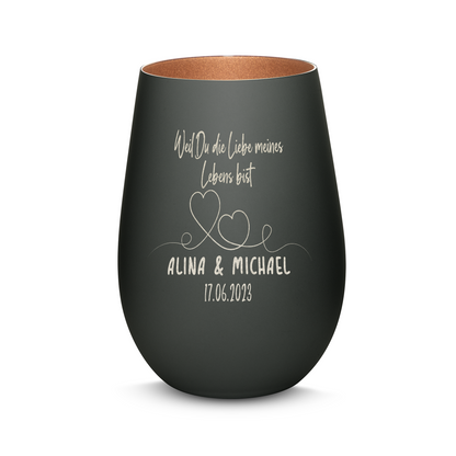 Hochwertiges Glas Windlicht mit Gravur "WEIL DU DIE LIEBE MEINES LEBENS BIST" mit Wunschnamen und Datum in der Farbe Schwarz/Bronze