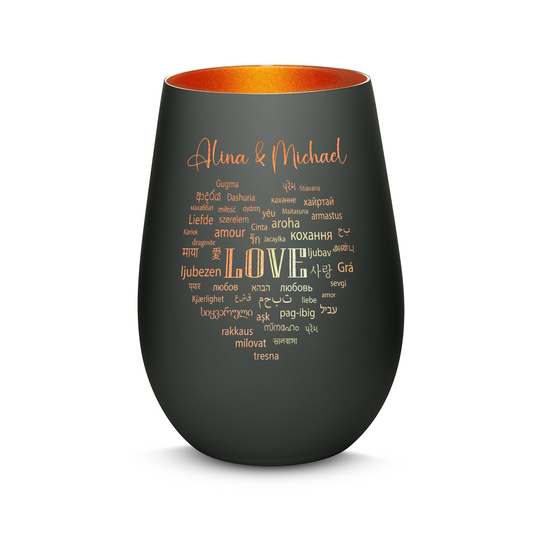 Hochwertiges Glas Windlicht mit Gravur "LIEBE IN ALLEN SPRACHEN" mit Wunschnamen in der Farbe Schwarz/Bronze