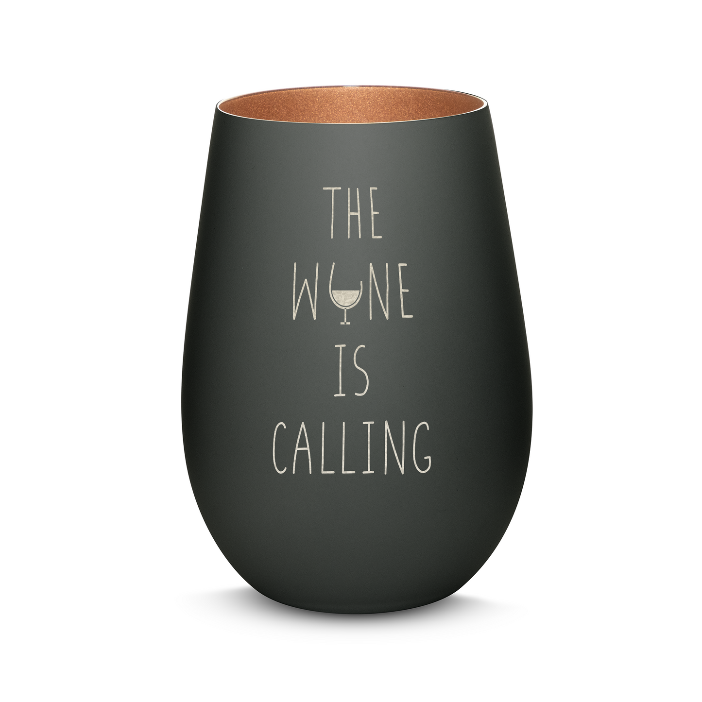 Hochwertiges Glas Windlicht mit Gravur "THE WINE IS CALLING" in der Farbe Schwarz/Bronze
