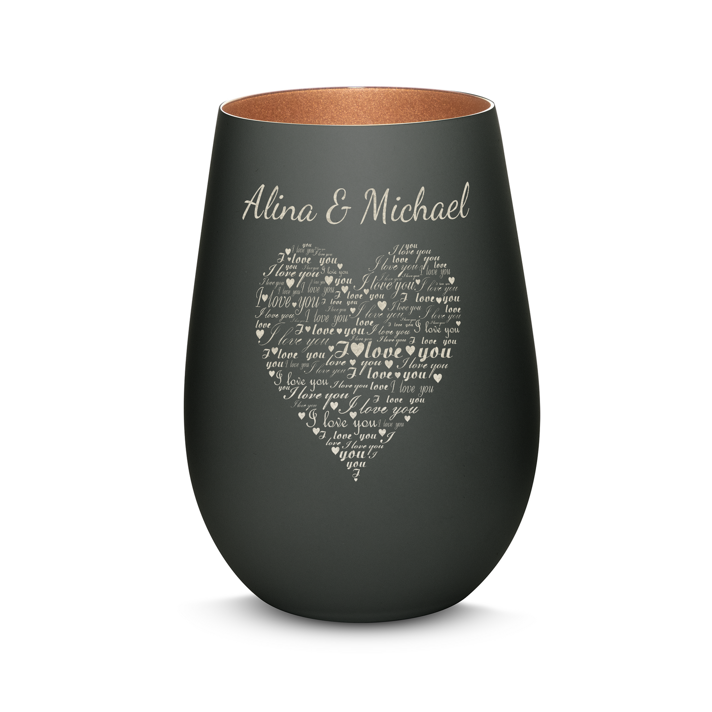Hochwertiges Glas Windlicht mit Gravur "I LOVE YOU" mit Wunschnamen in der Farbe Schwarz/Bronze