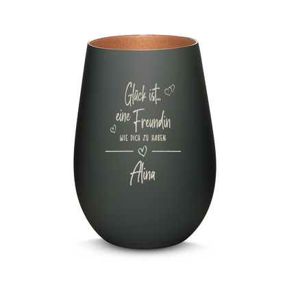 Hochwertiges Glas Windlicht mit Gravur "GLÜCK IST EINE FREUNDIN WIE DICH ZU HABEN" mit Wunschname in der Farbe Schwarz/Bronze
