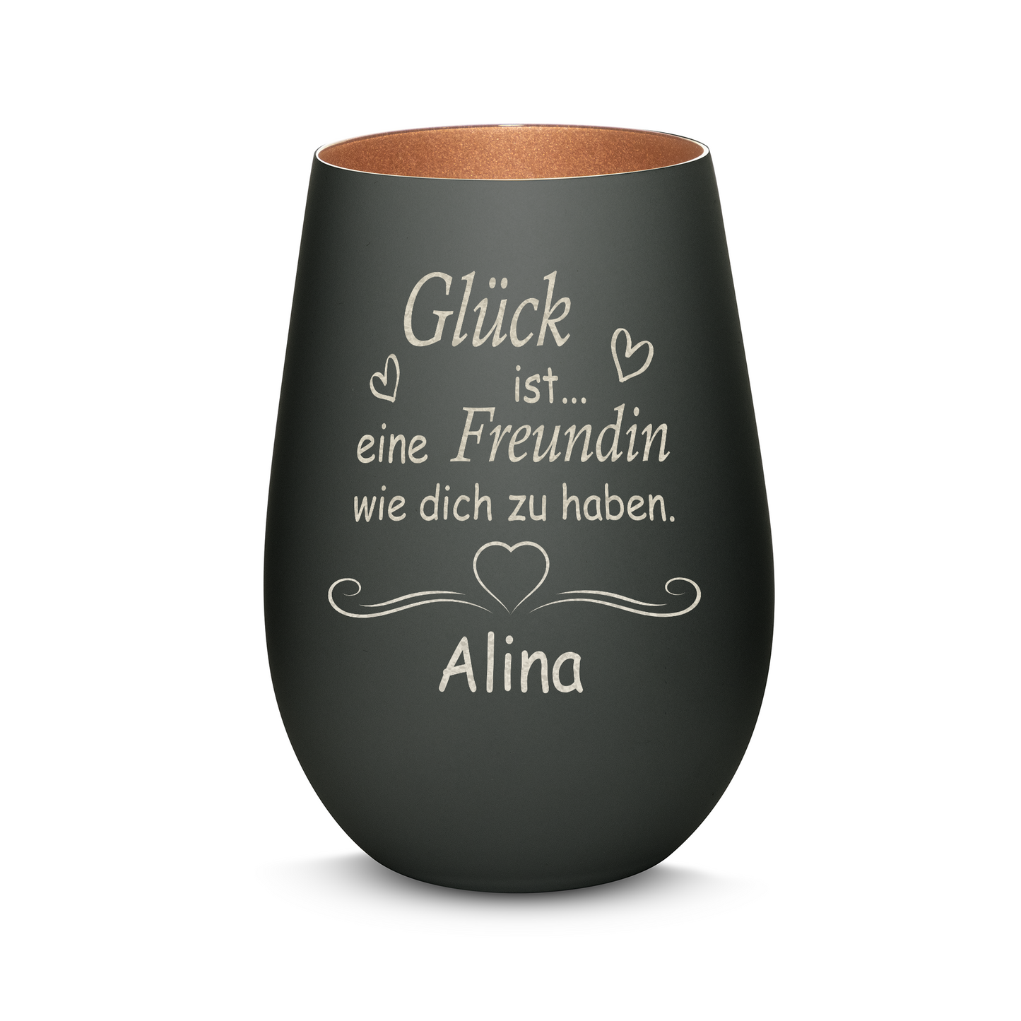 Hochwertiges Glas Windlicht mit Gravur "GLÜCK IST EINE FREUNDIN WIE DICH ZU HABEN" mit Wunschname in der Farbe Schwarz/Bronze