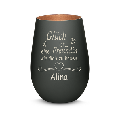 Hochwertiges Glas Windlicht mit Gravur "GLÜCK IST EINE FREUNDIN WIE DICH ZU HABEN" mit Wunschname in der Farbe Schwarz/Bronze