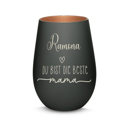 Hochwertiges Glas Windlicht mit Gravur "DIE BESTE MAMA" mit Wunschname in der Farbe Schwarz/Bronze