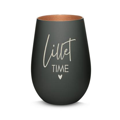 Hochwertiges Glas Windlicht mit Gravur "LILLET TIME" in der Farbe Schwarz/Bronze