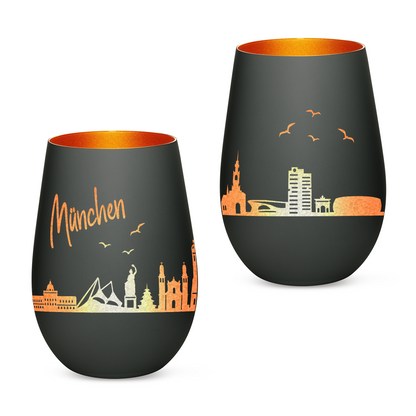 Hochwertiges Glas Windlicht mit Gravur "SKYLINE MÜNCHEN" in der Farbe Schwarz/Bronze