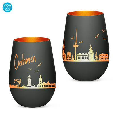 Hochwertiges Glas Windlicht mit Gravur "SKYLINE CUXHAVEN" in der Farbe Schwarz/Bronze
