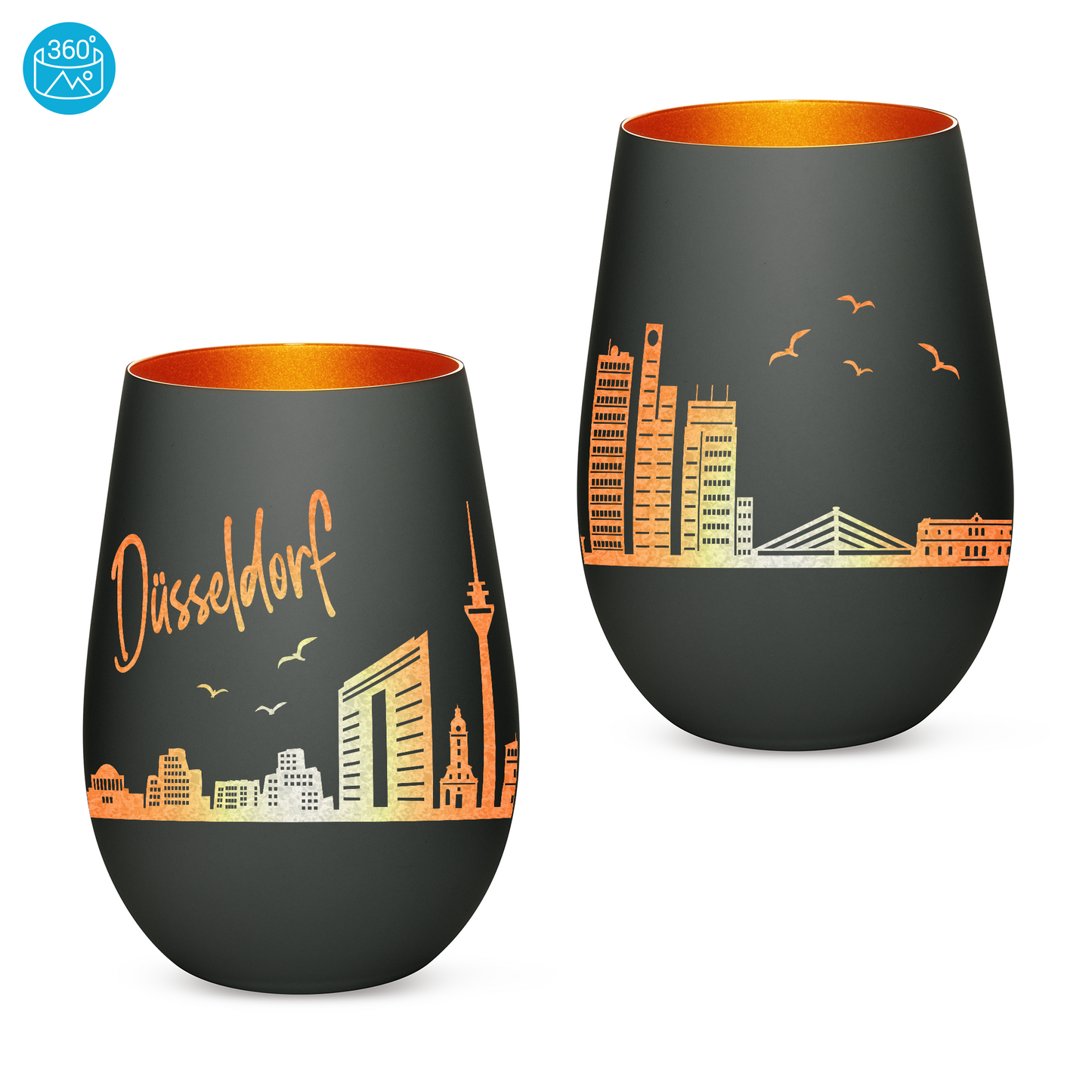 Hochwertiges Glas Windlicht mit Gravur "SKYLINE DÜSSELDORF" in der Farbe Schwarz/Bronze