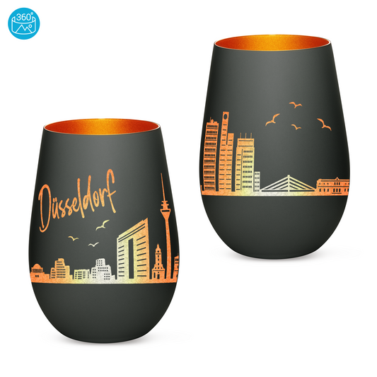 Hochwertiges Glas Windlicht mit Gravur "SKYLINE DÜSSELDORF" in der Farbe Schwarz/Bronze