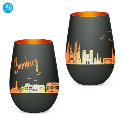 Hochwertiges Glas Windlicht mit Gravur "SKYLINE BAMBERG" in der Farbe Schwarz/Bronze