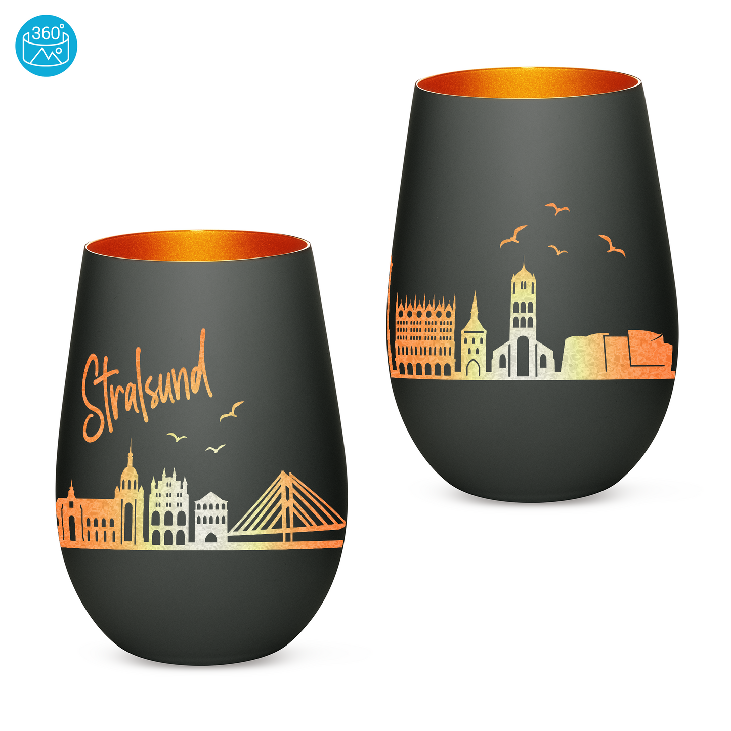 Hochwertiges Glas Windlicht mit Gravur "SKYLINE STRALSUND" in der Farbe Schwarz/Bronze