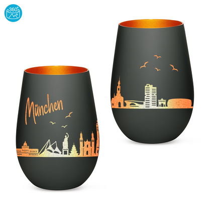 Hochwertiges Glas Windlicht mit Gravur "SKYLINE MÜNCHEN" in der Farbe Schwarz/Bronze