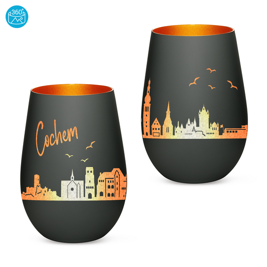 Hochwertiges Glas Windlicht mit Gravur "SKYLINE COCHEM" in der Farbe Schwarz/Bronze