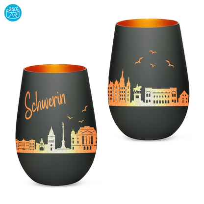 Hochwertiges Glas Windlicht mit Gravur "SKYLINE SCHWERIN" in der Farbe Schwarz/Bronze